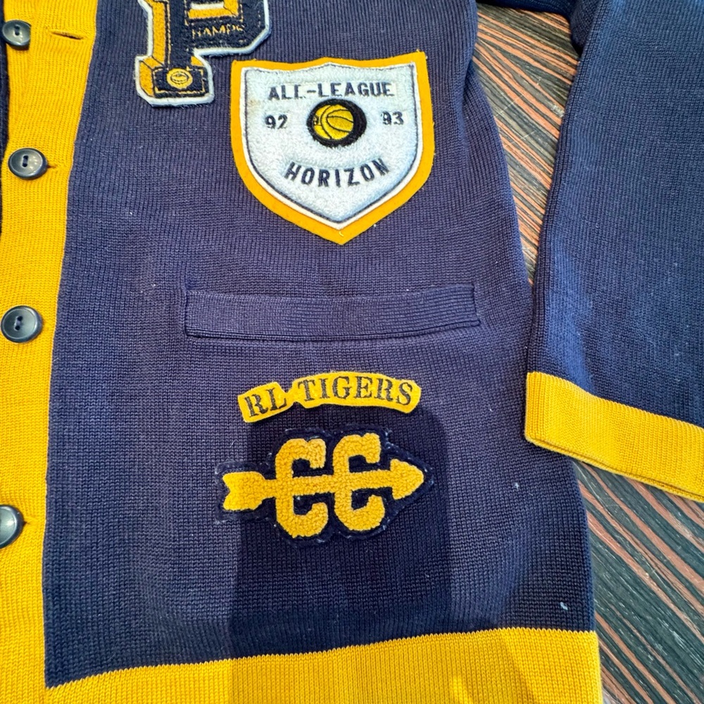 🔥🔥 HOT Polo Ralph Lauren Navy Yellow Varsity Preppy Cardigan Patches P Wing - Picture 8 of 16